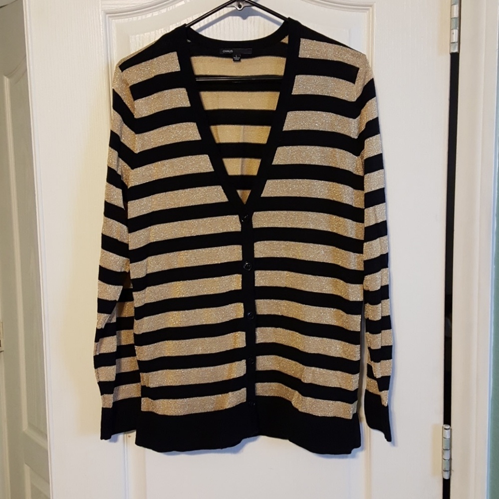Chaus Black and Gold V neck Cardigan sz L